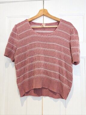 Vintage 70s St Michael Sweater Dusty Rose Pink Knit Top Cottagecore Striped S/M